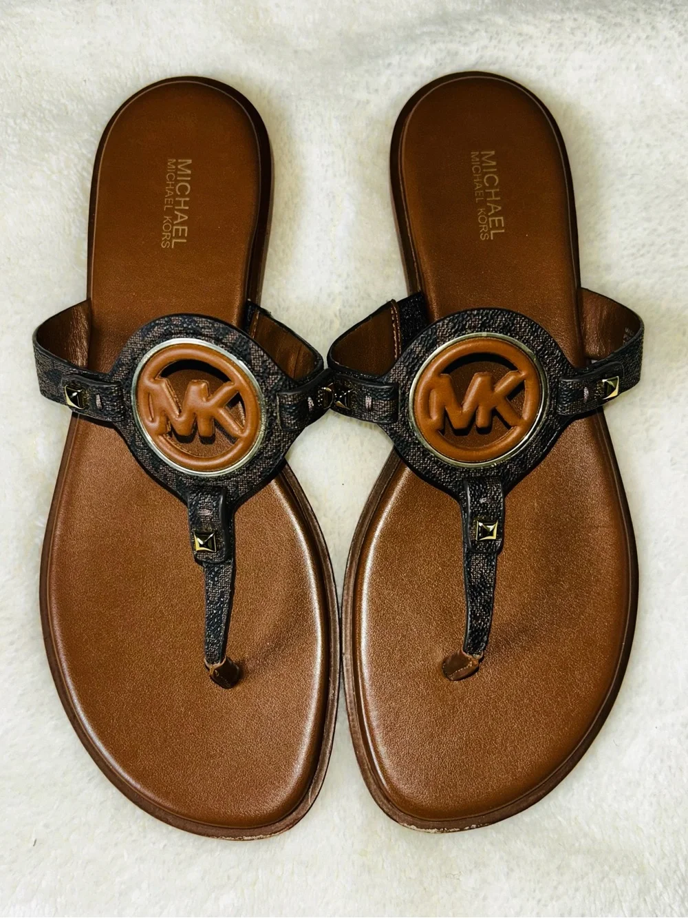 Michael Kors Brown and Dark Brown MK Logo Thong Sandals Size 10